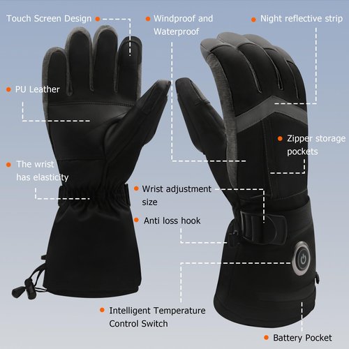 GEMSTONEGO Heated Gloves for Men Women, 5V 6000mAh Rechargeable Battery, 3 Heating Settings, Waterproof & Touchscreen, Winter Thermal Gloves for Skiing,Snowboarding,Motorcycling,Outdoor Sport
