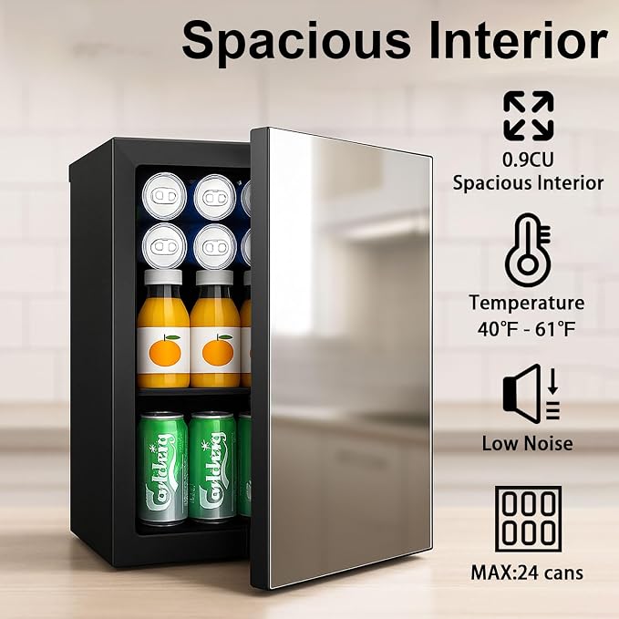 DOGHLY 24 Cans/0.9 Cu.Ft Beverage Refrigerator Mirrored Door Mini Fridge | Fast Cooling Mini Cooler with Removable Shelves for Soda, Beer, Wine, Low Noise Beverage Fridge for Home, Office,and Dorm