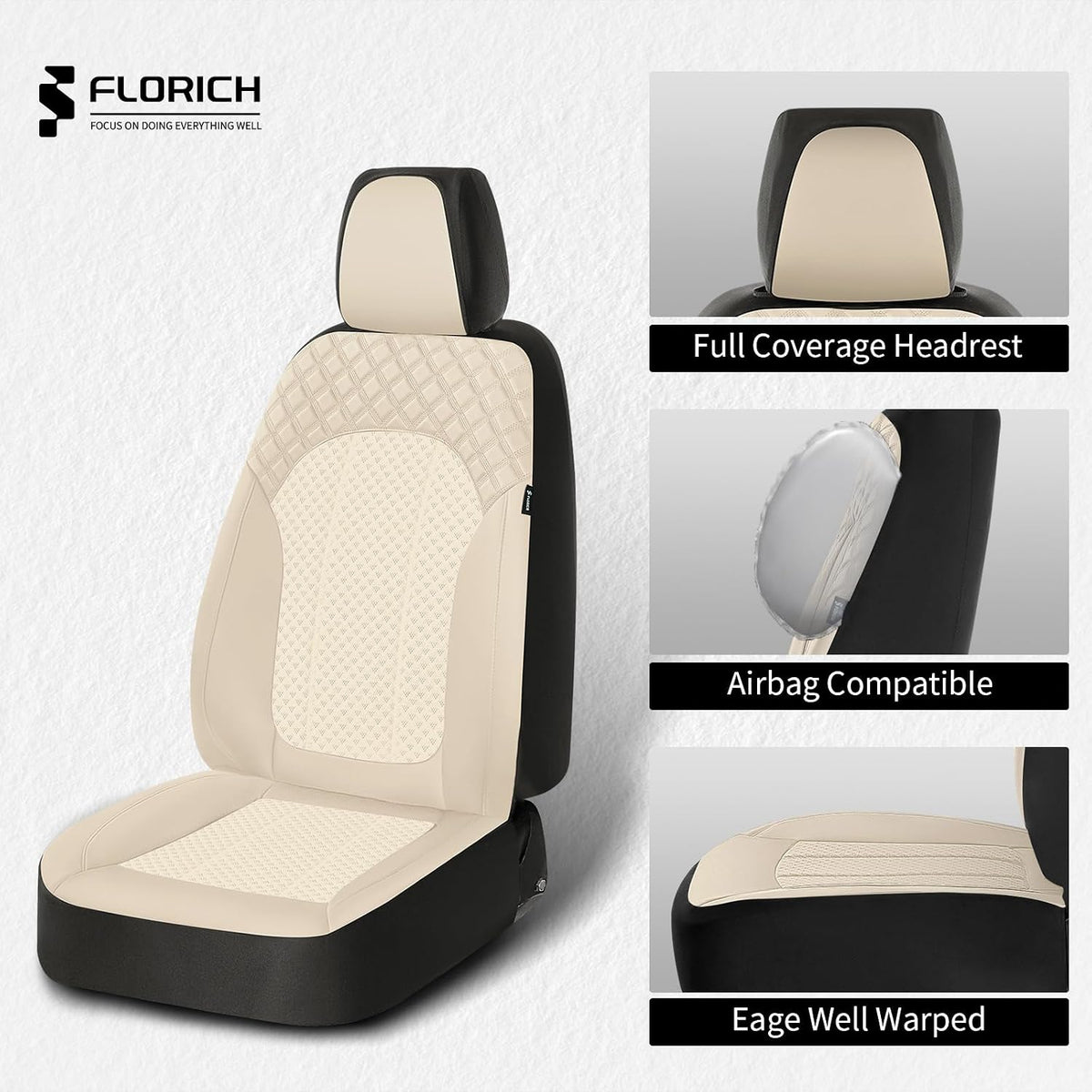 FLORICH Front Seat Covers Leather & Mesh Automotive Seat Protectors 2 Pack Breathable Car Seat Cover Spill-Proof Auto Seat Covers Cushion Universal Fit for Most Car SUV Sedan Truck, Beige