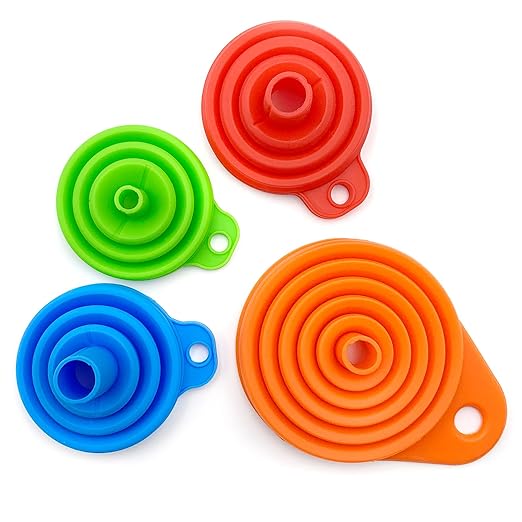 4-Pack Collapsible Silicone Kitchen Funnel Set | Small & Large Sizes for Bottles, Liquid Transfer, Cooking | Dishwasher Safe & Space-Saving Design