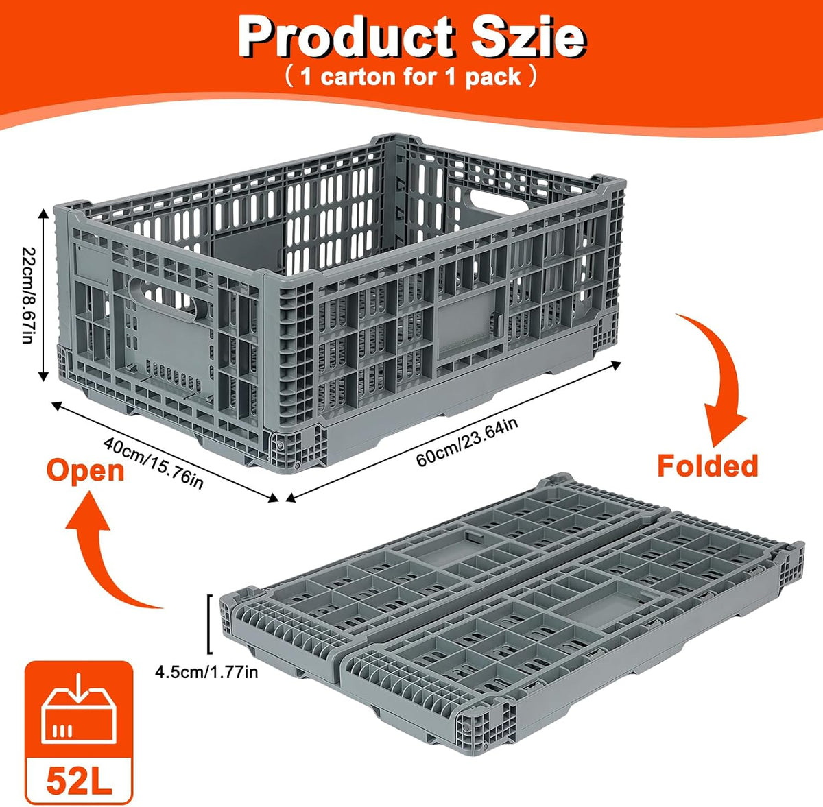 Collapsible Milk Crates 52L, Plastic Folding Storage Crate