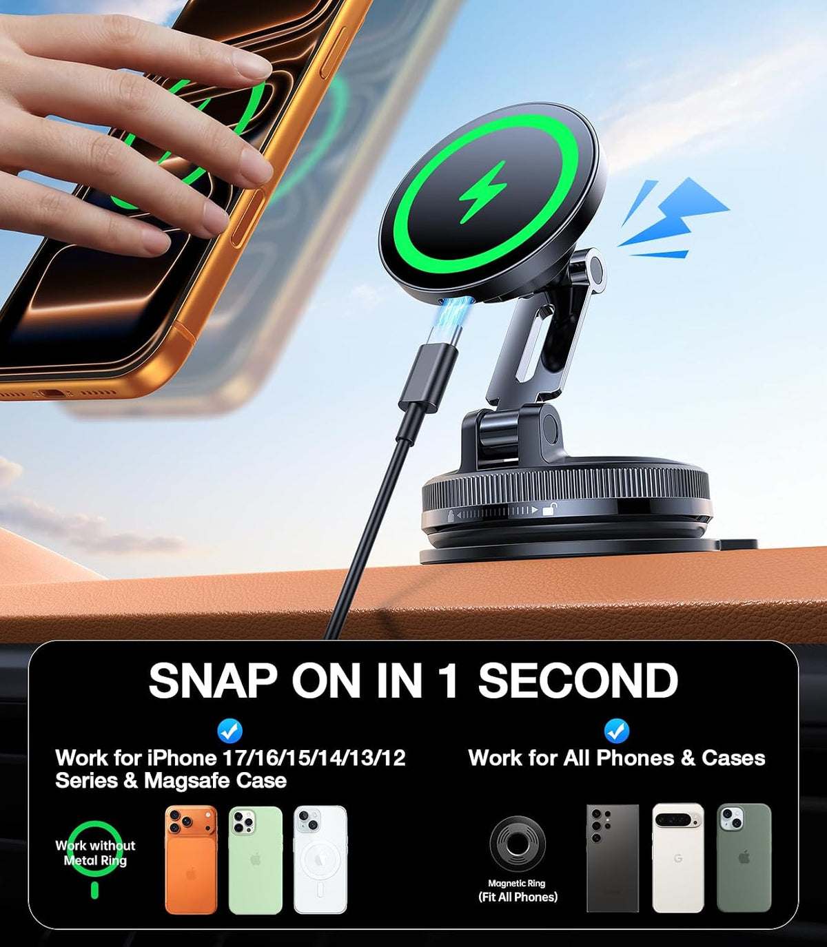 Kaistyle Magsafe Car Mount Charger 15W Faster Magnetic Wireless Car Charger