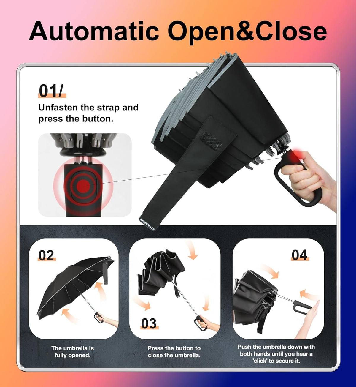 QWB TUMAAOTU Inverted Umbrella - Compact Windproof Design with Carabiner Handle | Portable Reverse Folding Umbrella for Rain and Sun Protection