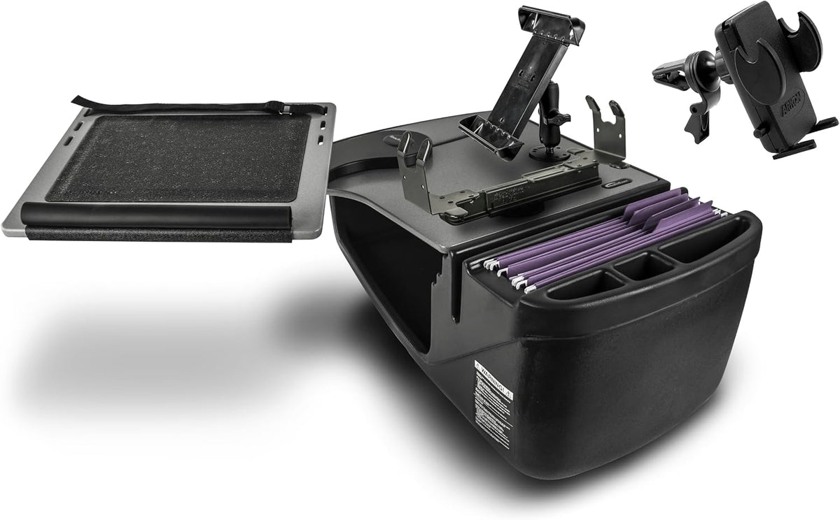 AutoExec Reach Desk Front Seat Car Desk and Portable Workstation Printer Stand, Tablet Mount and Phone Vent Clip, Grey