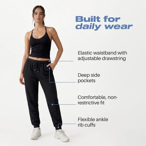 Common Stitch Fleece Joggers for Women - Slim Fit, Deep Pockets, Elastic Drawstring Waist | 3 Pack