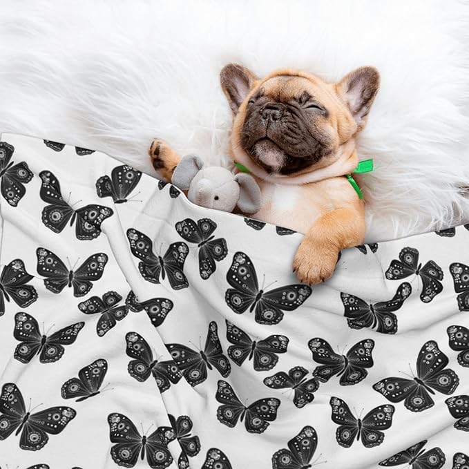 Reversible Plush Throw for Dogs and Cats, Butterflies Black and White, Double Sided Blanket with Nubby Dot Side and Sleek Side Ideal for Cuddling Nesting Security