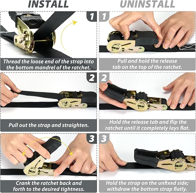 Ratchet Tie Down Strap 8-Pack 15 Ft - 500 lbs Load Cap with 1500 lbs Breaking Limit, Ohuhu Ratchet Tie Downs Logistic Cargo Straps for Moving Appliances, Motorcycle, Black