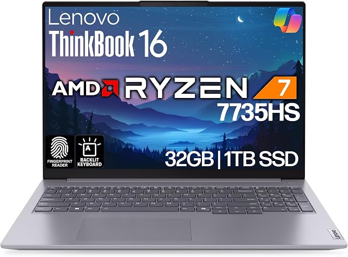Lenovo ThinkBook 16 G7 Business Laptop, 16” FHD+, AMD Ryzen 7 7735HS, 32GB DDR5, 1TB NVMe, WiFi 6E + BT, Backlit KB, Fingerprint Reader, HD Webcam, Win 11 Pro