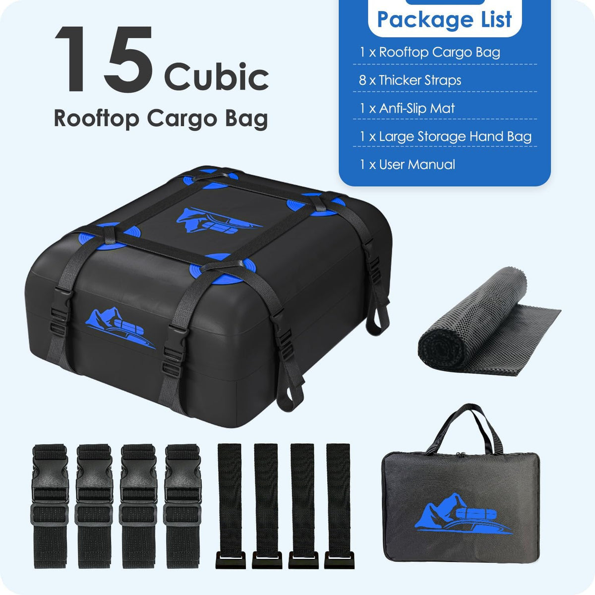 Skiennix Car Rooftop Cargo Carrier Bag - 100% Waterproof, 15 Cubic Feet, Heavy Duty | Includes Anti-Slip Mat & Straps (Blue)