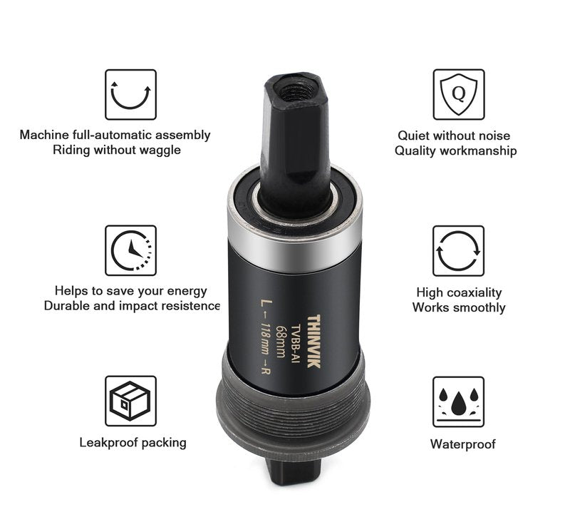 Thinvik Square Tapered Bottom Bracket - 68mm English BSA Compatible with Shimano BB-UN26/BB-300/BB-100/BB-101, 68mm x 107 110 113 116 118 122.5 127