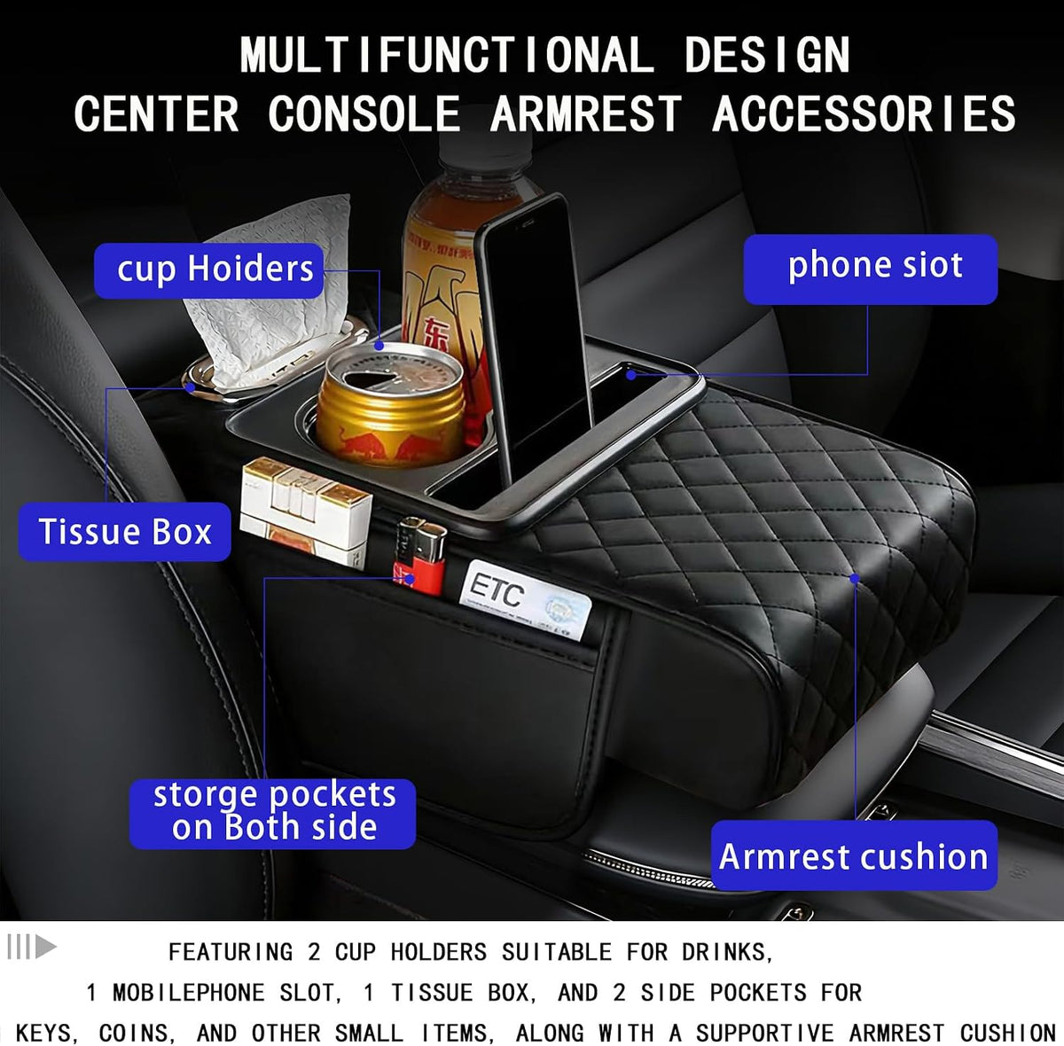 5-in-1 Nappa Leather Console Armrest Cover with Cup Holder