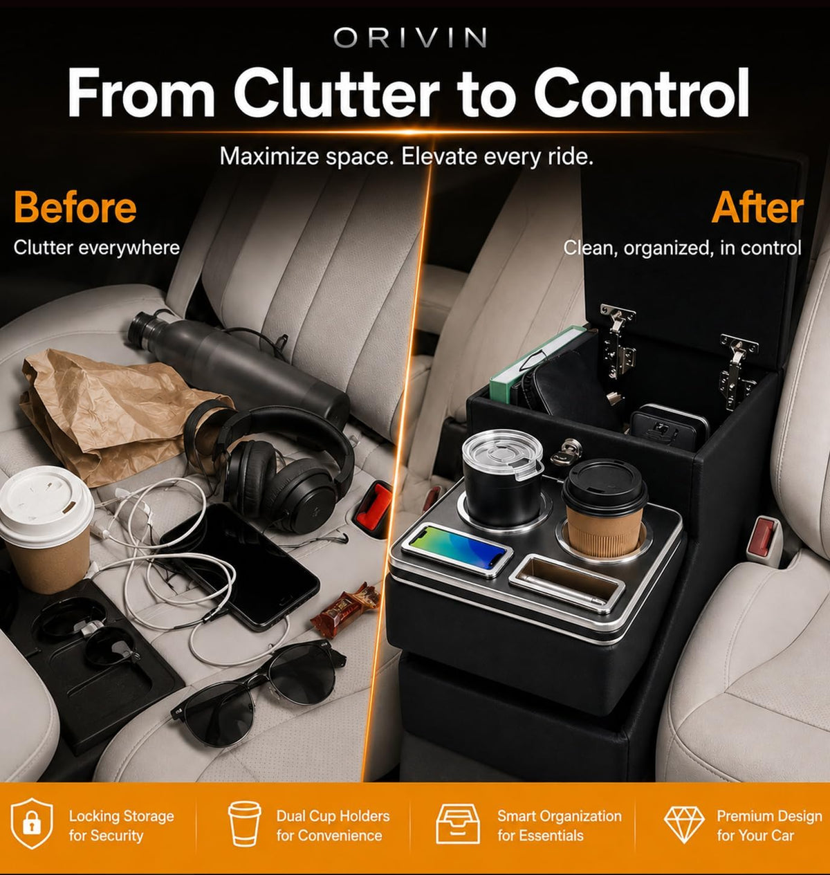 20" L x 9.65" W x 13.78" H, 24L Center Console Between Seats for Minivans, SUVs & Trucks, Floor/Bench Seat Organizer with Locking Hidden Storage, Dual Cup Holders & Armrest