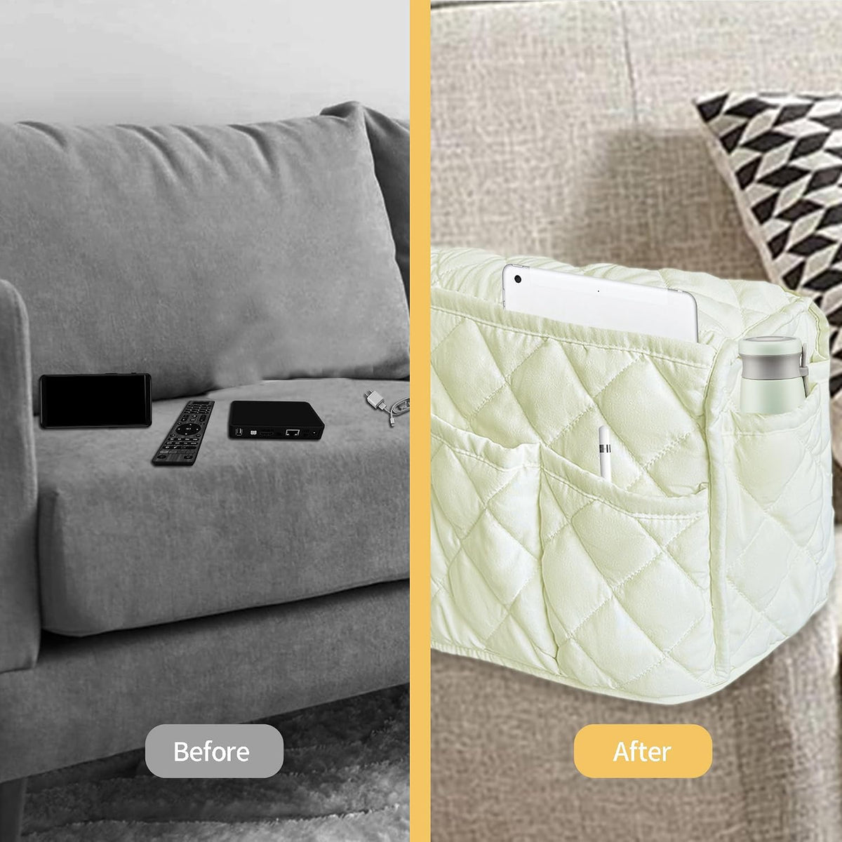 MEHIDFY Armchair Caddy, Waterproof Sofa Armrest Organizer, Non Slip Recliner Organizer, Remote Holder for Recline, Recliner Caddy with 14 Pockets Storage for TV Remote, Phone, Magazine (White)