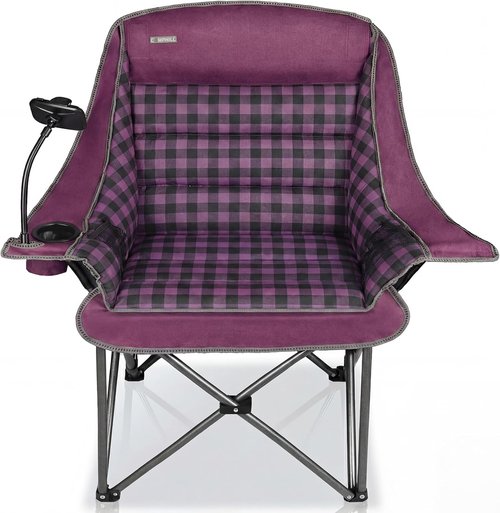 Heavy Duty Oversized Camping Chair by [Brand Name] - Extra Large Folding Padded Chair in Purple Plaid for Outdoor Comfort