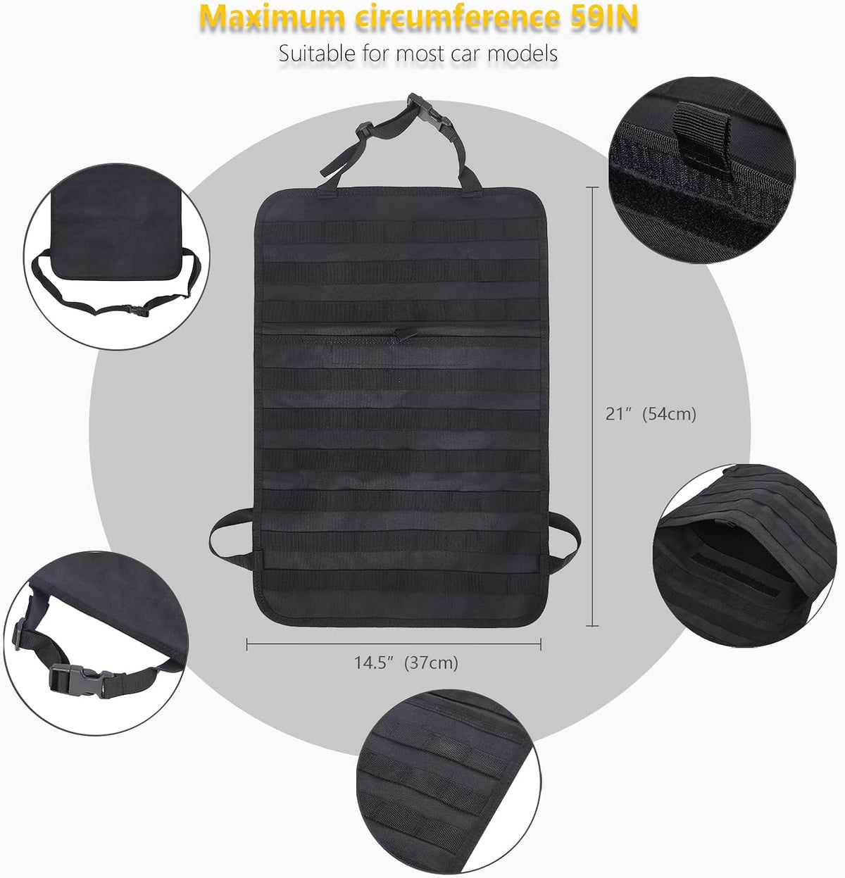 Universal Tactical Seat Back Organizer Vehicle Molle Panel Organizer Storage Bag with 5 Detachable Molle Pouch for All Vehicel Such as Jeep,Truck,SUV, Car, Ford,Chevy etc