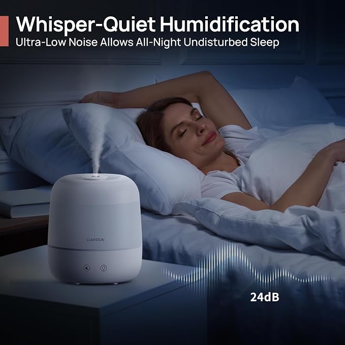 Clarston 2L Cool Mist Humidifier for Bedroom with 360° Adjustable Nozzle, High and Low Mist Levels, Ultra-Low Noise, Light-Off, No BPA, Auto Shut Off, Ideal Baby Humidifier with Easy Top Filling