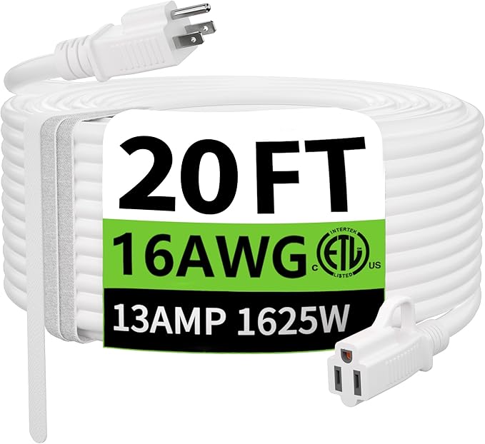HUANCHAIN Indoor Outdoor White Extension Cord 20 ft Waterproof, 16/3 Gauge Flexible Cold-Resistant Appliance Extension Cord Outside, 13A 1625W 16AWG SJTW, 3 Prong Electric Cord, ETL