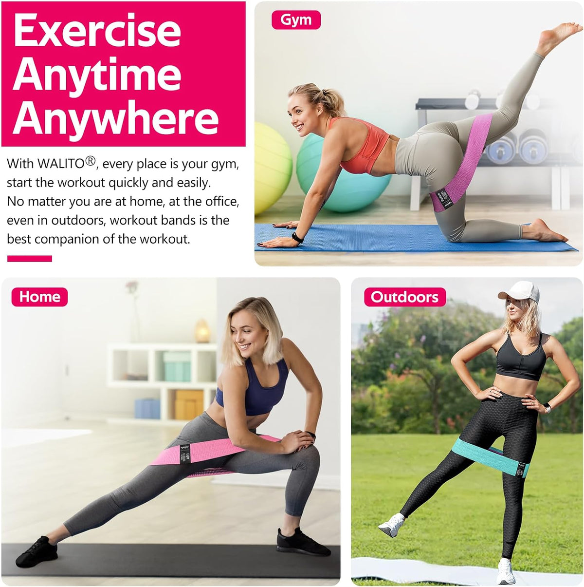 WALITO Resistance Bands - Fabric Exercise Bands for Legs & Butt - Ideal for Yoga, Pilates & Home Workouts