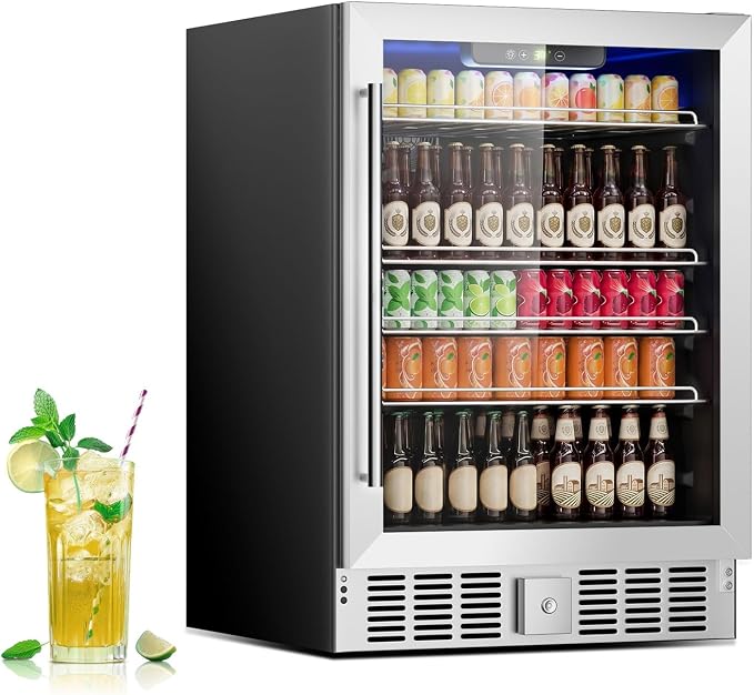 166 Can Mini Fridge - 5.3 Cu.Ft Beverage Refrigerator | Wine Fridge with Reversible Glass Door for Soda Wine Beer, Adjustable Temperature Control for Home Office Bar, Black(40-61 ℉)
