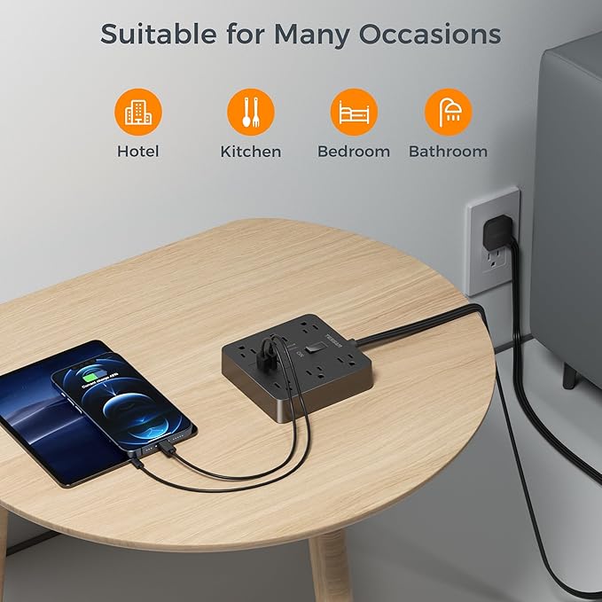 TESSAN Surge Protector Power Strip, Flat Plug Extension Cord 15 Ft with 6 Outlets and 3 USB (1 USB C) Ports, 1700J Protection, Desktop Black Long Power Cord for Indoor Home Office School Dorm Room