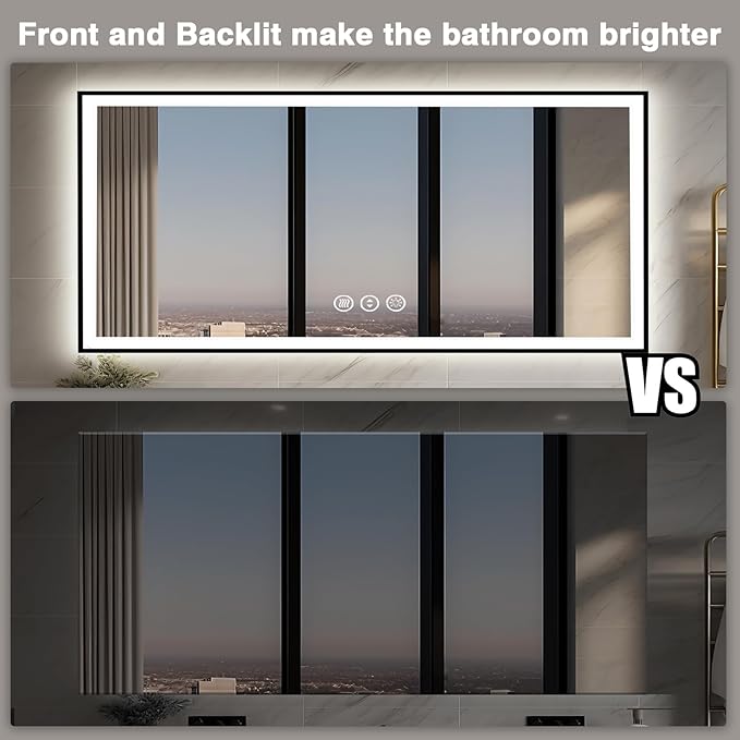 72x32 LED Bathroom Vanity Mirror - Black Aluminum Framed (Front and Backlit), Anti-Fog Large Mirror with Lights,Stepless 3 Colors Dimmable Lighted Mirror(Horizontal/Vertical)