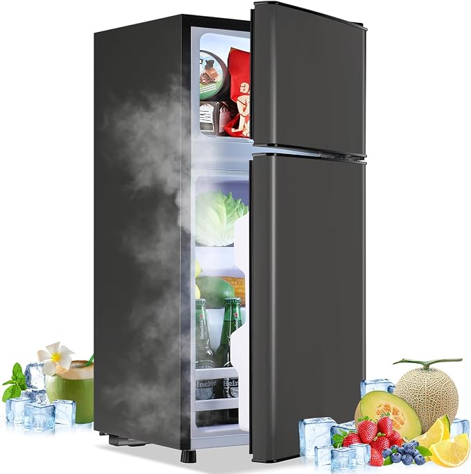 2.4 Cu.ft Mini Fridge with Freezer Dual Door Small Fridge Dark Gray | Bottom Drink Holder 2 Plastic Shelves 7 Temp Control