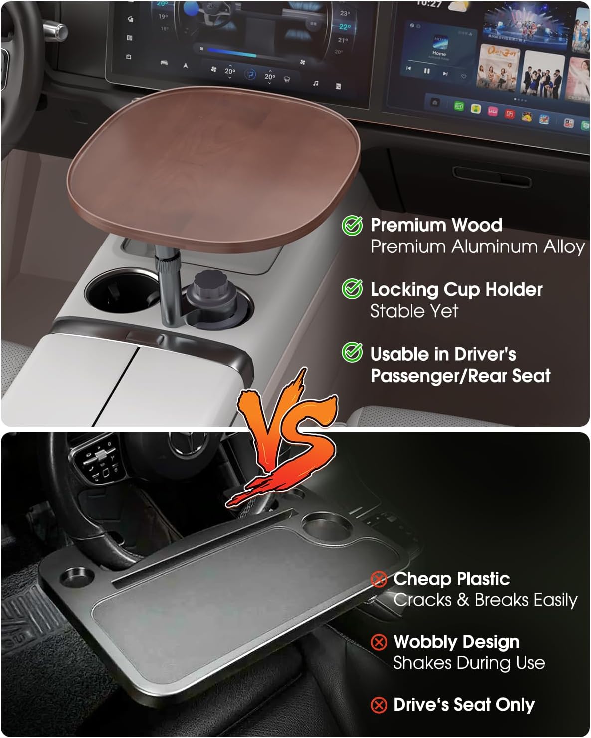 Car Tray Table & Car Laptop Desk - Height Adjustable 360° Swivel Tripod, Solid Wood Car Laptop Mount & Cup Holder Table-Steering Wheel Tray for Dining, Home, Outdoor Picnic, Hiking & Traveling (Oval)