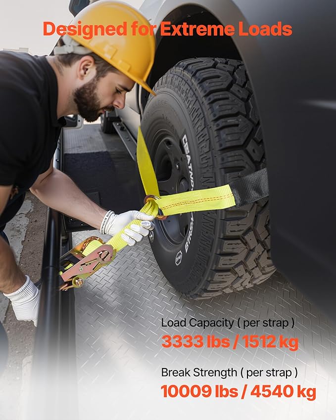 VEVOR Wheel Chock Tie-Down Kit, Tire-Style Tow Dolly Strap, Car Tie Down Kit with Heavy-Duty Hook, Break Strength 10009 lbs & Working Load 3333 lbs Motorcycle System for ATV, SUV, Snowmobiles