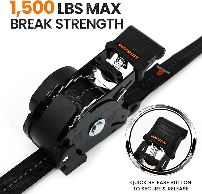 Retractable Ratchet Straps (4 PK) 1 in x 12 ft Auto Retract Tie Down Straps, 1500lb Break Strength AutoRetract Self Retracting for Motorcycle, Truck, Cargo, Trailer, ATV, UTV -Black