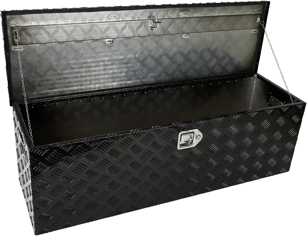 48"X15"X15" Black Aluminum 5 Bar Tread Truck Tool Box Storage Underbody Trailer Tongue Box with Lock and Key