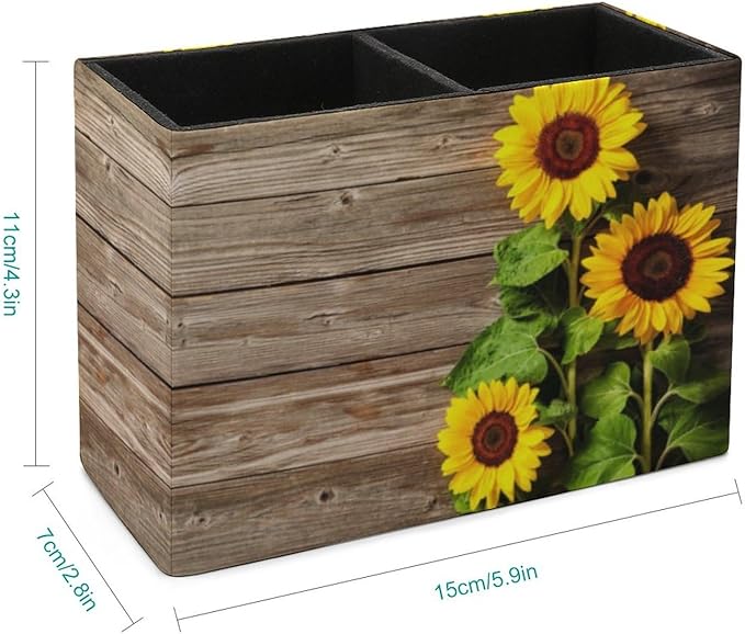 Pen Holder, Pencil Holder for Desk Organizer, Summer Wooden Sunflower PU Leather Pencil Cups Desktop Stationery Storage Makeup Brush Holder Pen Organizer for Office Home