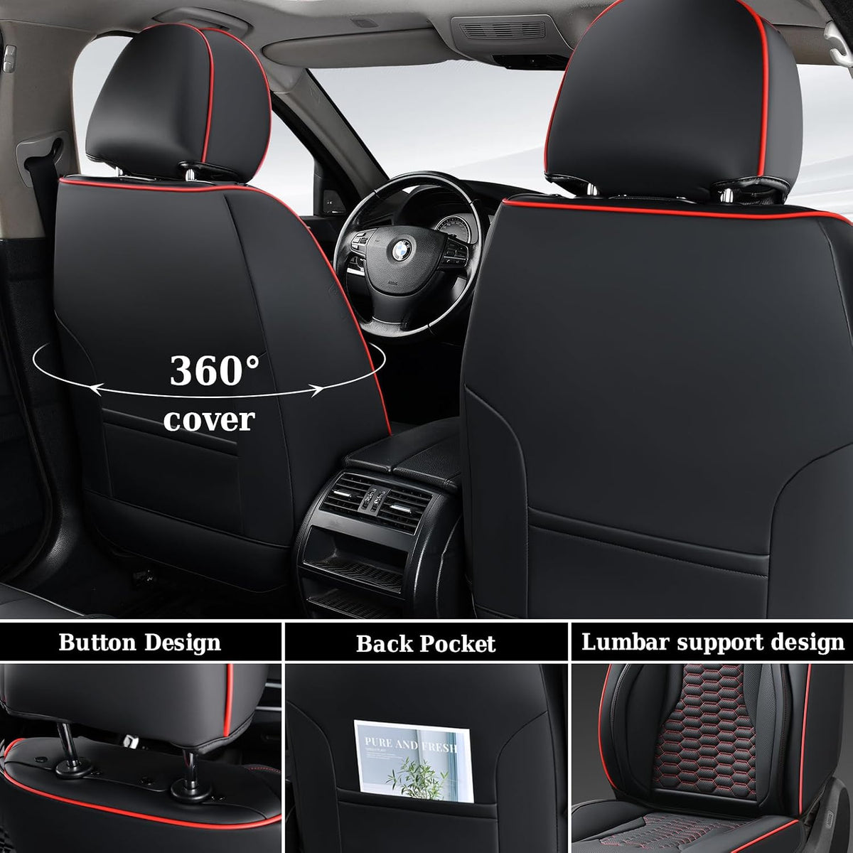 Coverado Front Seat Covers, Car Seat Covers Front Seats, Nappa Leather Waterproof Seat Covers for Car, Car Seat Protectors, Automotive Seat Covers Universal Fit for Most Vehicles(Black&Red)
