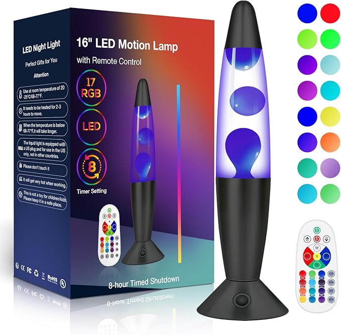 16" Black LED Liquid Motion Lamps, 17 Colors Changing Lamp with Remote, Mood Night Light for Kids Adults, Relaxing Nightstand Table lamp for Bedroom Living Room, Birthday Christmas Gifts (Blue Wax)