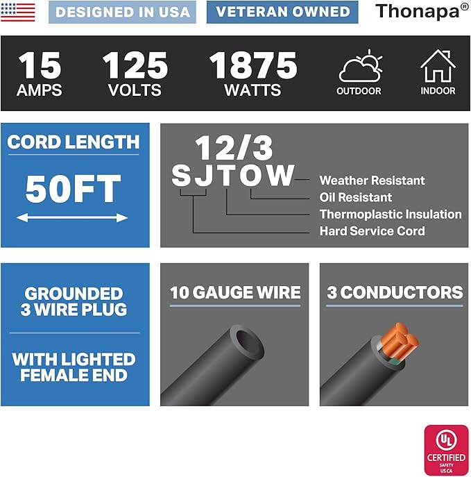THONAPA 12 Gauge Outdoor Extension Cord 50 ft, SJTOW Oil Resistant & Flame Retardant, 12/3 Black Heavy Duty Extension Cord 50ft with 3 Prong for Farm, Ranch, Workshop, Major Appliances