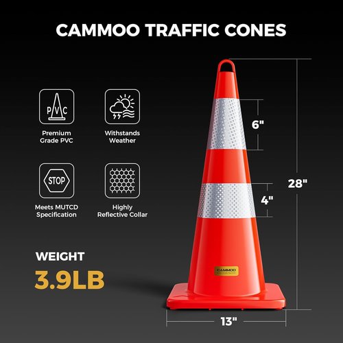CAMMOO Traffic Cones - 28 Inch MUTCD-Compliant Orange Safety Cones with Reflective Collar & Caution Tape