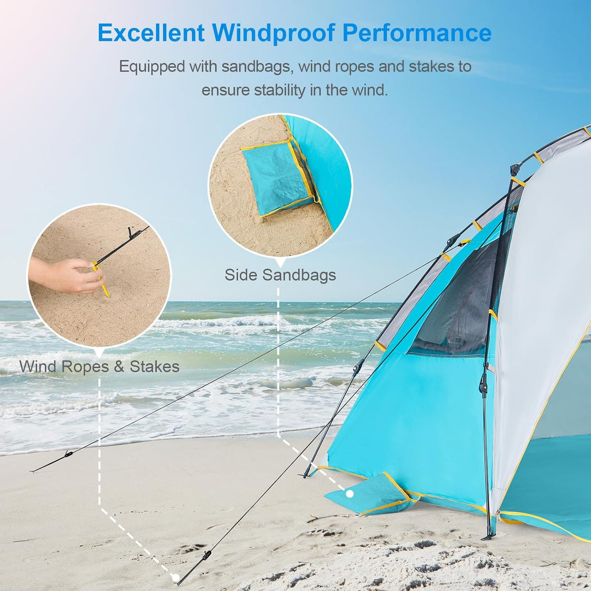 WolfWise Beach Tent for 4-5 People - UPF 50+ Sun Protection, Portable & Windproof, Large Blue Canopy