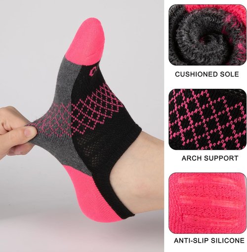 Eallco No Show Socks - Women's Athletic Cushioned Low Cut Non-Slip Running Ankle Socks | 6 Pairs