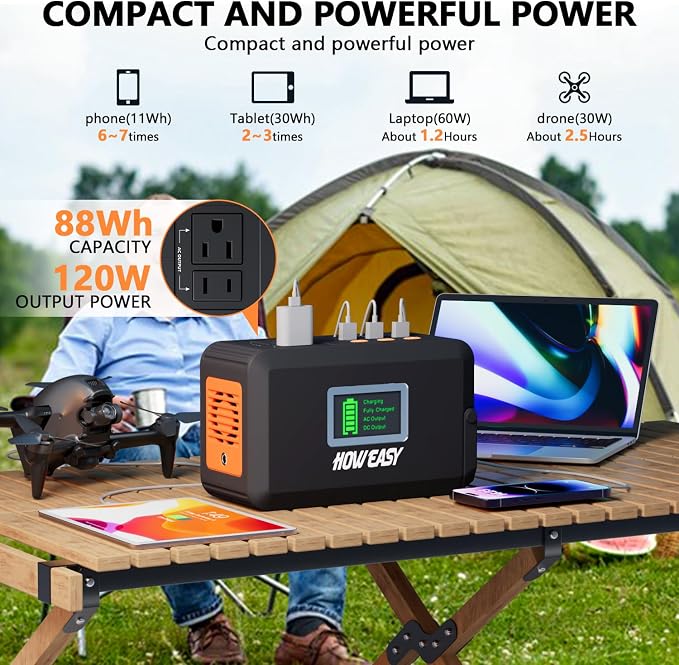 HOWEASY Portable Power Station,120W(240W Peak) Solar Generator,88Wh Lithium Battery Power with 110V AC Outlet/DC/USB/LED Light for Outdoor Camping Trip Hunting Emergency(Solar Panel Optional)