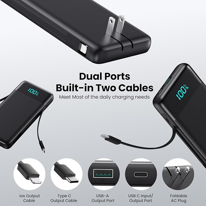Portable Charger with Built-in AC Plug and Cables,13800mAh All in One USB C Fast Charging Power Bank,Travel Essentials Portable Phone Charger Battery Pack for iPhone 17/16/15/14/13,Galaxy,Android etc
