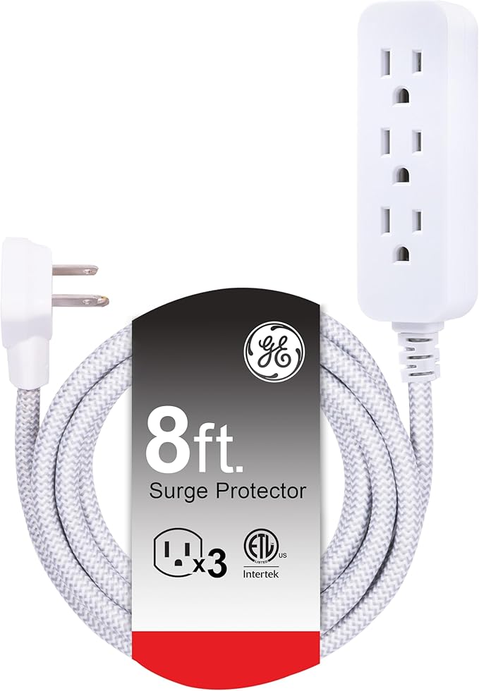 GE 3-Outlet Power Strip 8 Ft Braided Extension Cord with Multiple Outlets Grounded Flat Plug ETL Listed White 38433