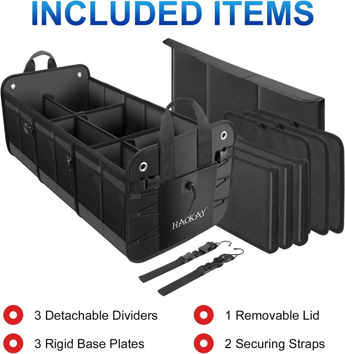 HAOKAY Car Trunk Organizer with Lid，Heavy Duty Extra Large Premium Black Oxford Multi Compartments Collapsible trunk organizer for SUV, Van, Truck, Sedan, Jeep （90L