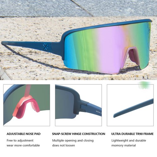 MAXJULI Polarized Sunglasses for Men Women,Windproof Outdoor Sports Cycling UV400 Protection Semi-Rimless Sun Glasses (Solid Blue to Half Transparent Pink/Pink Lens)