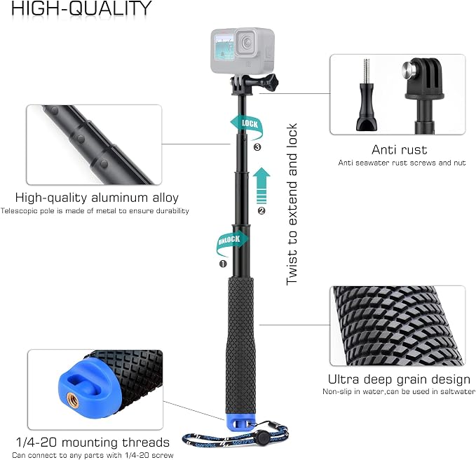 GEPULY 7''-23''Waterproof Pole Selfie Stick Pocket Size Underwater Handle Grip