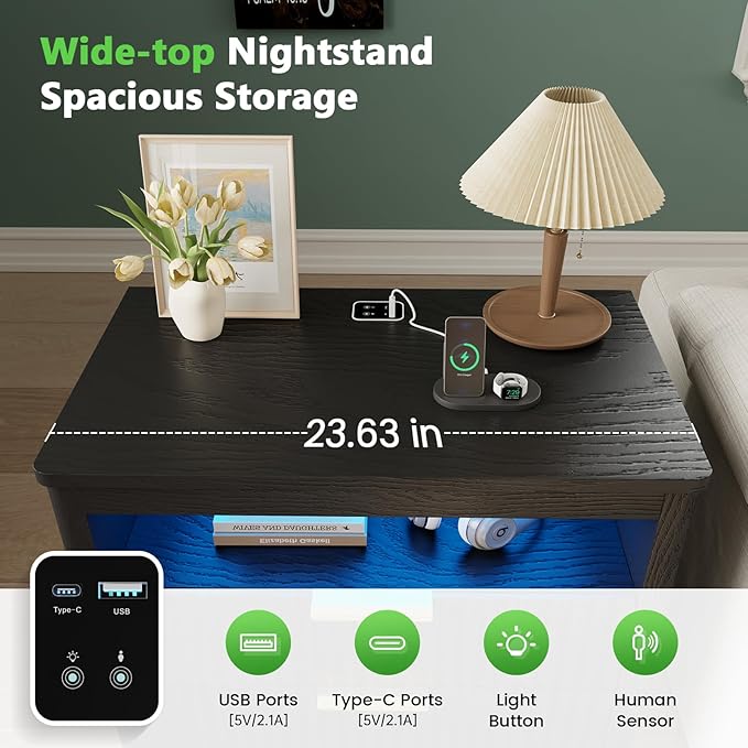HNEBC Set of 2 Smart Farmhouse Nightstands with Gun Safe Drawers, 3-Color Auto LED Lights, Built-in Charging Station & Hidden Compartment, Bedroom Bedside Tables Rustic Brown (91111A-2-Black)