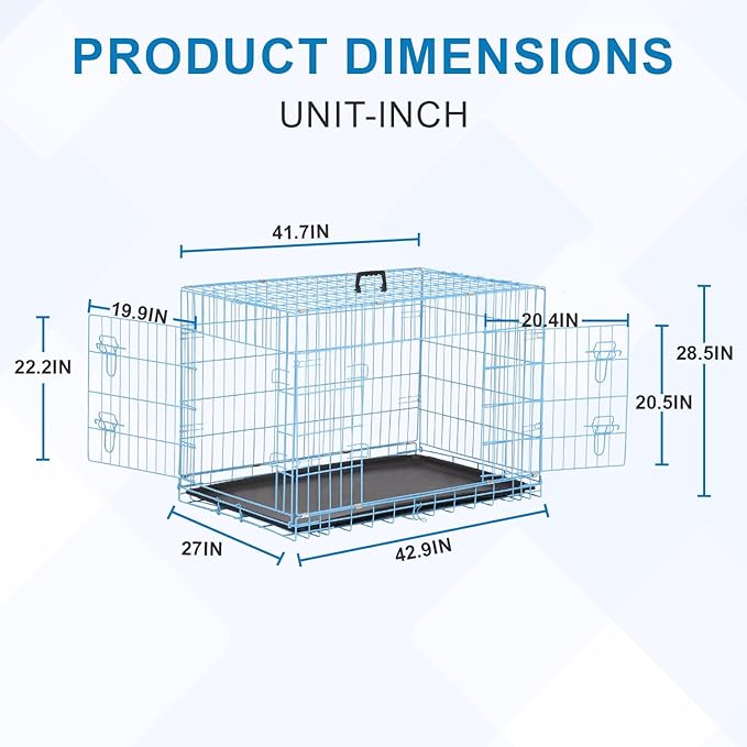 42 Inch Large Dog Crate Dog Kennel Pet Cage Metal Wire Crates Pet Cages Double-Door Folding Kennels with Handle Leak-Proof Pan Tray,Blue