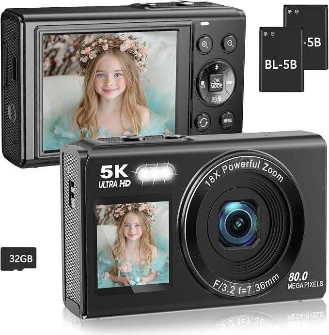 5K Digital Camera for Photography, 80MP Dual Screen Vlogging Camera for YouTube