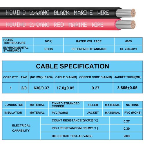 **2/0 AWG Marine Wire - 10FT Red & Black Tinned Copper Cable for Boats, RVs, and Solar Applications**