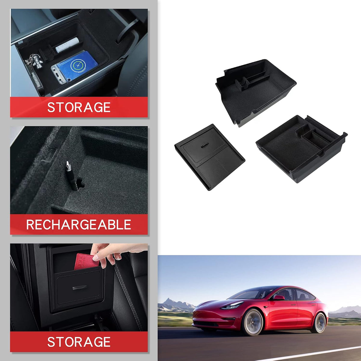 Center Console Organizer Tesla Model Y/3 Flocked Armrest Accessories for Storage Compatible with 2021 2022 2023 Model 3 Model Y(3 Pcs Set)