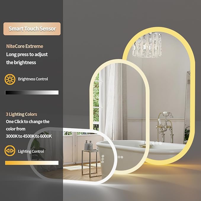 LUVODI Lighted LED Bathroom Mirror: 40x20IN Oval Anti-Fog Dimmable Wall Mounted Makeup Mirror with Backlit - Illuminated 3 Colors Vanity Mirrors with Demister Pad Smart Touch Switch Memory Foam