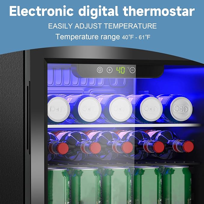 Erivess Mini Fridge 95 Can Beverage Refrigerator Cooler Glass Door for Soda | 2.6 Cu Ft Drink Fridge for Home/Bar/Office with LED Display, Digital Temperature Control, Removable Shelves for Wine, Black